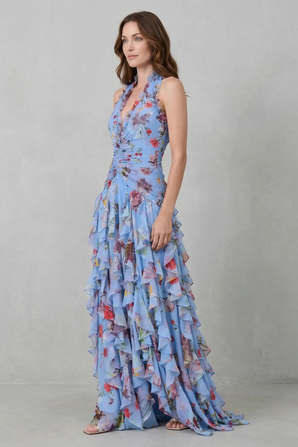 Belladina | Romantischer Rosen-Cascata Maxikleid mit Amerikanischem Ausschnitt
