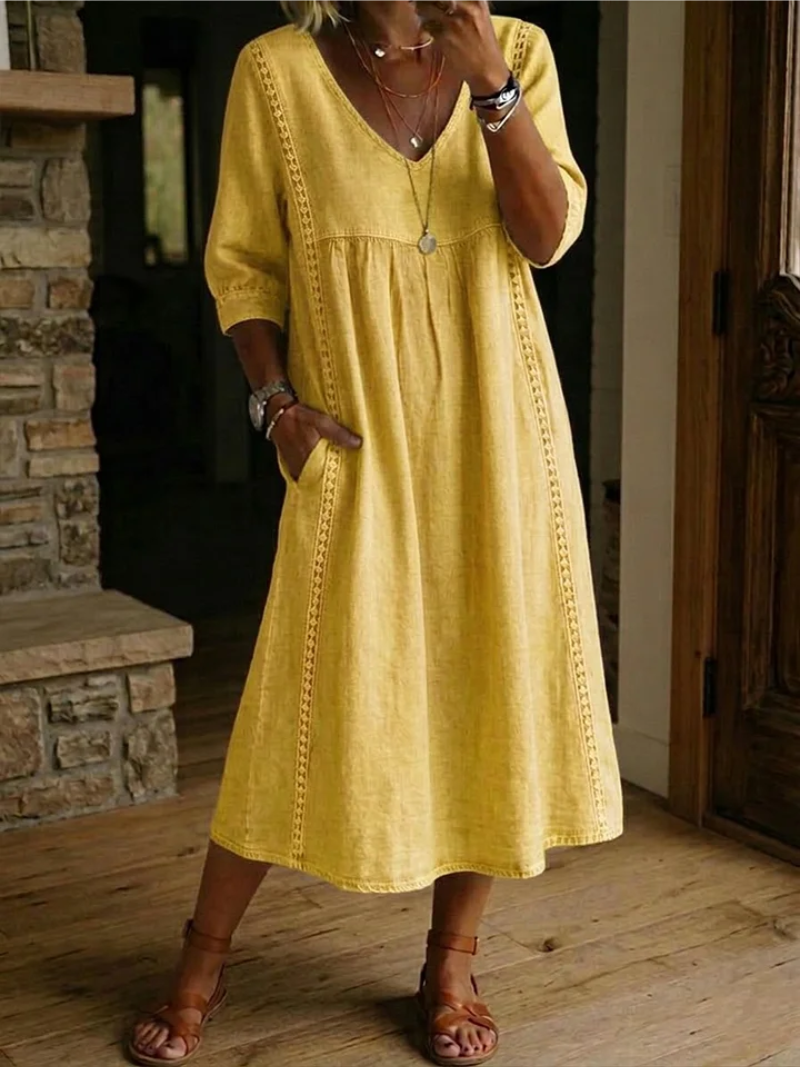 Wanda | Midikleid mit V-Ausschnitt, Dreiviertelärmeln und Seitentaschen