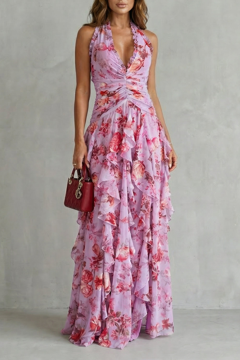 Belladina | Romantischer Rosen-Cascata Maxikleid mit Amerikanischem Ausschnitt