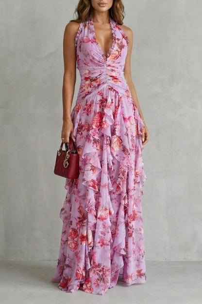 Belladina | Romantischer Rosen-Cascata Maxikleid mit Amerikanischem Ausschnitt