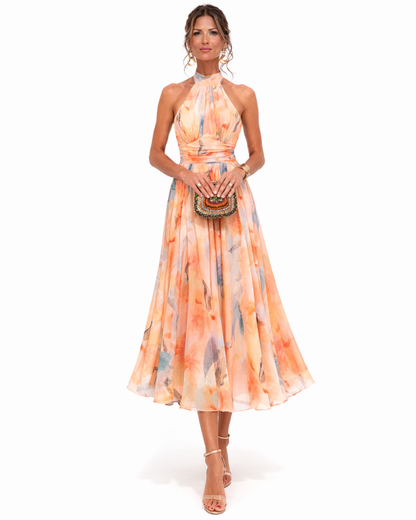 Aurora | Kleid mit Halterkragen und Aquarelldruck