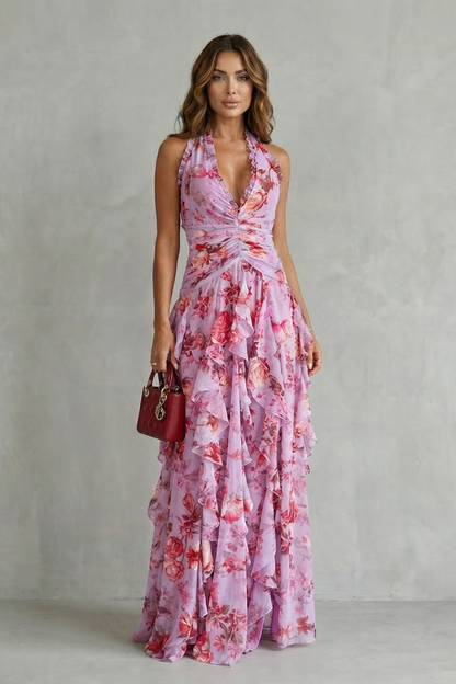 Belladina | Romantischer Rosen-Cascata Maxikleid mit Amerikanischem Ausschnitt