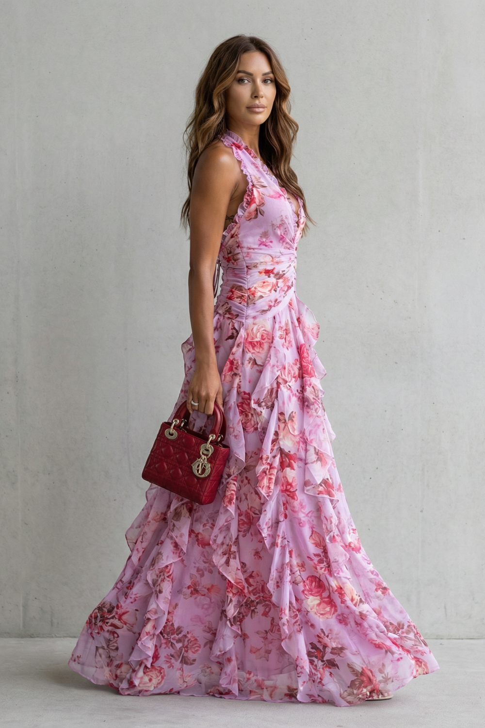 Belladina | Romantischer Rosen-Cascata Maxikleid mit Amerikanischem Ausschnitt