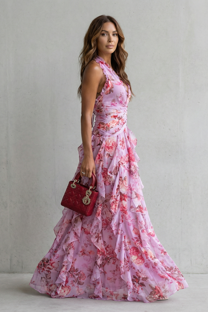 Belladina | Romantischer Rosen-Cascata Maxikleid mit Amerikanischem Ausschnitt