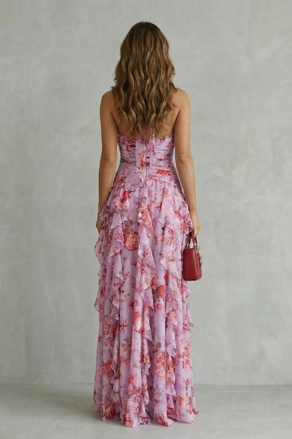 Belladina | Romantischer Rosen-Cascata Maxikleid mit Amerikanischem Ausschnitt