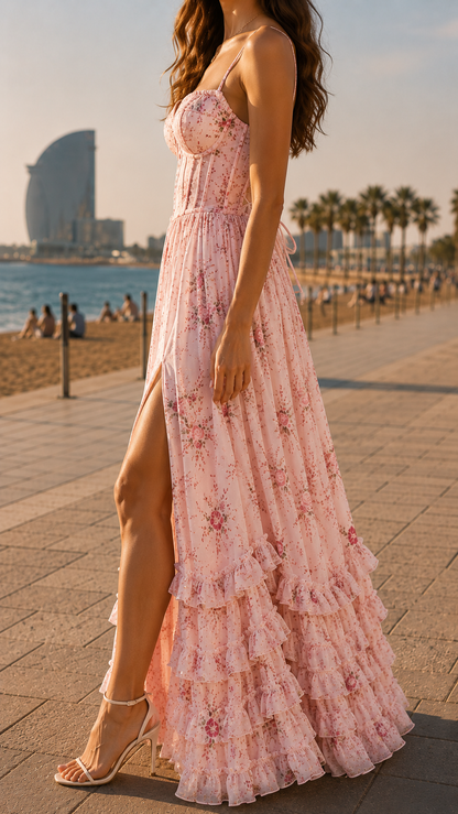 Thalia | Romantisches Floral-Maxikleid mit Beinschlitz