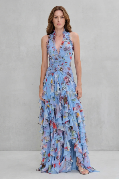 Belladina | Romantischer Rosen-Cascata Maxikleid mit Amerikanischem Ausschnitt