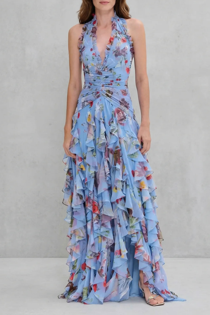 Belladina | Romantischer Rosen-Cascata Maxikleid mit Amerikanischem Ausschnitt