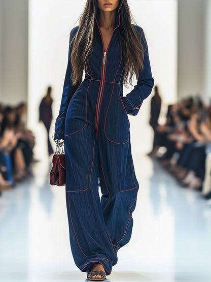 Marina | Langarm-Jumpsuit im Denim-Look mit Front-Reißverschluss und Weitem Bein