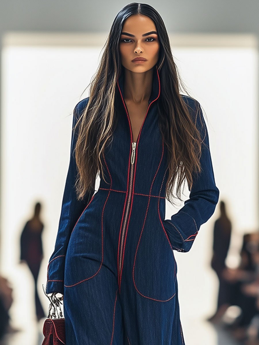 Marina | Langarm-Jumpsuit im Denim-Look mit Front-Reißverschluss und Weitem Bein
