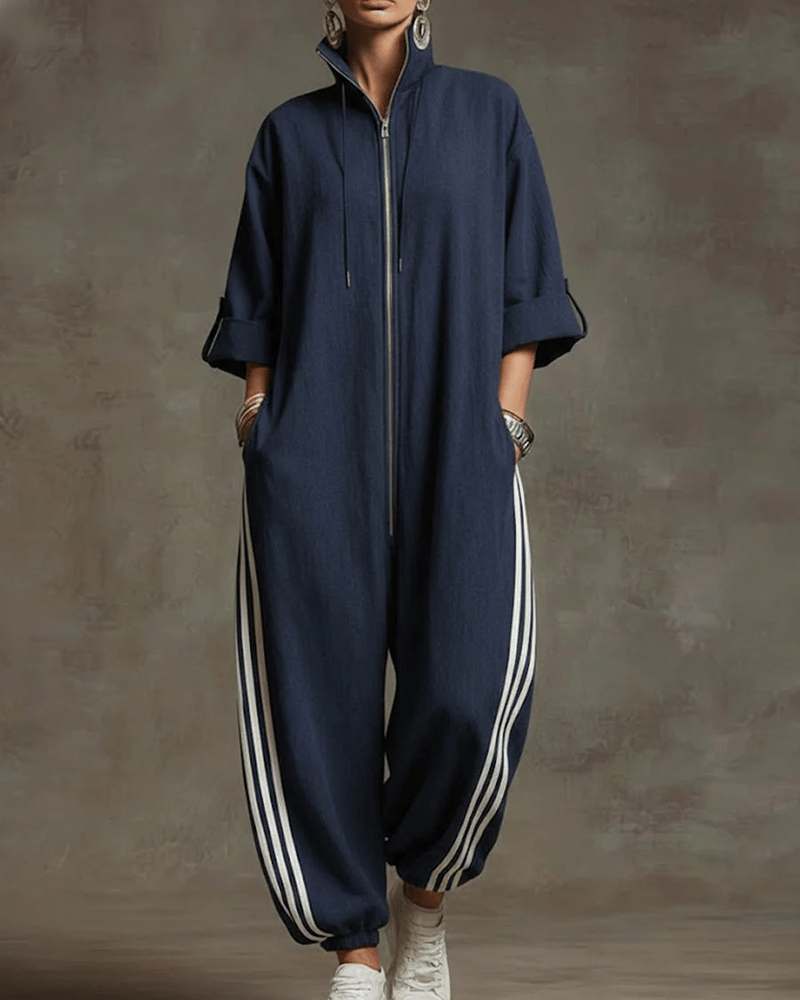 Sophie | Jumpsuit mit Stehkragen, Reißverschluss und Seitenstreifen