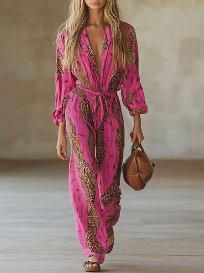 Michelle | Eleganter Langarm-Jumpsuit mit weitem Bein und Leopardenmuster