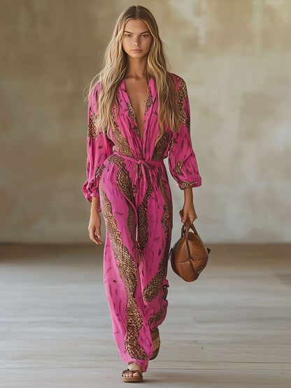 Michelle | Eleganter Langarm-Jumpsuit mit weitem Bein und Leopardenmuster