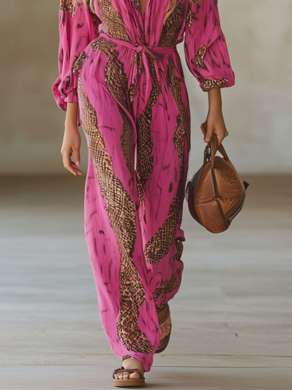 Michelle | Eleganter Langarm-Jumpsuit mit weitem Bein und Leopardenmuster