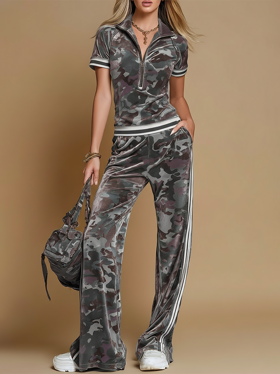 Mia | Camouflage-Zweiteiler mit Kurzarm-Top und Weithose
