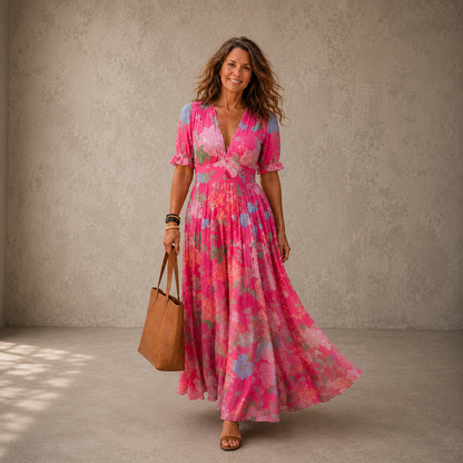 Aria | Fließendes Plissee-Maxikleid mit Blumendruck