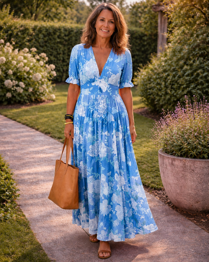Aria | Fließendes Plissee-Maxikleid mit Blumendruck