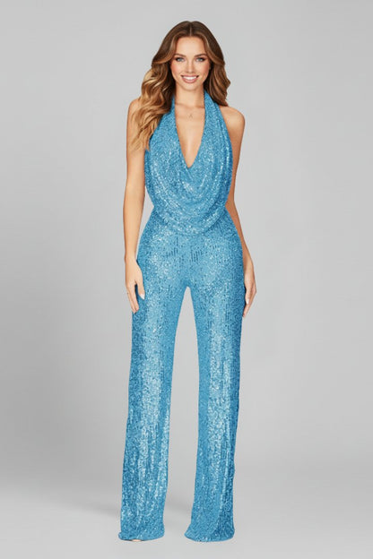 Olivia | Pailletten-Neckholder-Jumpsuit mit Rückenausschnitt und Palazzo-Bein
