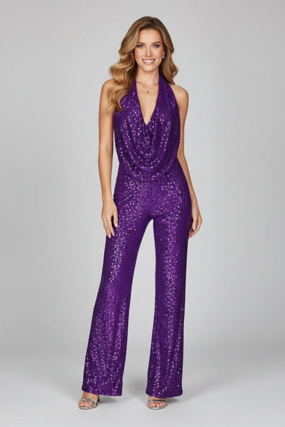 Olivia | Pailletten-Neckholder-Jumpsuit mit Rückenausschnitt und Palazzo-Bein