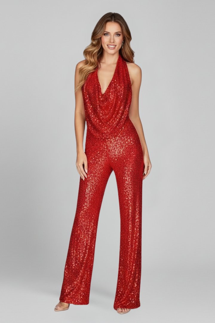 Olivia | Pailletten-Neckholder-Jumpsuit mit Rückenausschnitt und Palazzo-Bein
