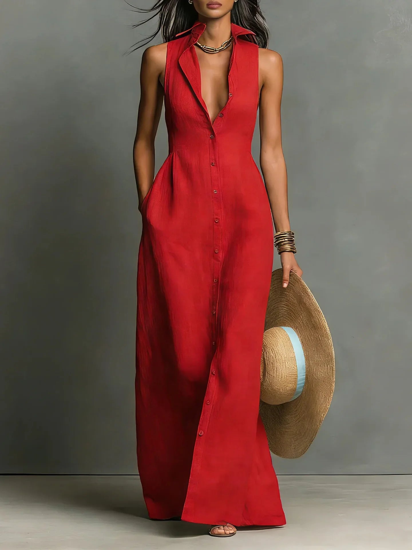 Melanie | Ärmelloses Maxi-Hemdblusenkleid mit Knopfleiste