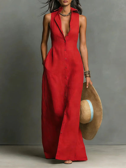 Melanie | Ärmelloses Maxi-Hemdblusenkleid mit Knopfleiste
