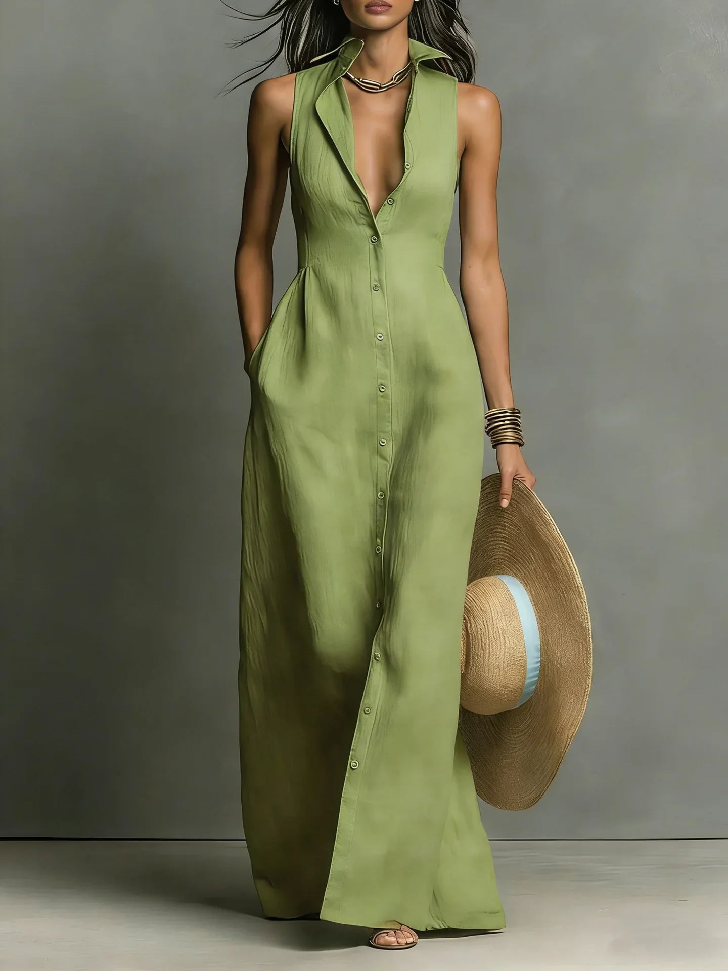 Melanie | Ärmelloses Maxi-Hemdblusenkleid mit Knopfleiste