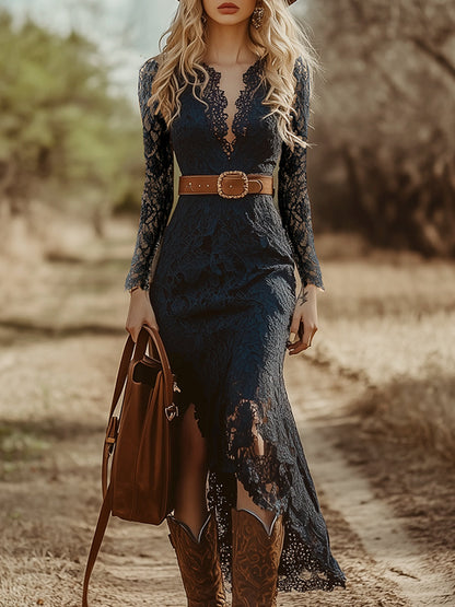 Marie | Langarm-Midikleid mit Allover-Spitze und V-Ausschnitt