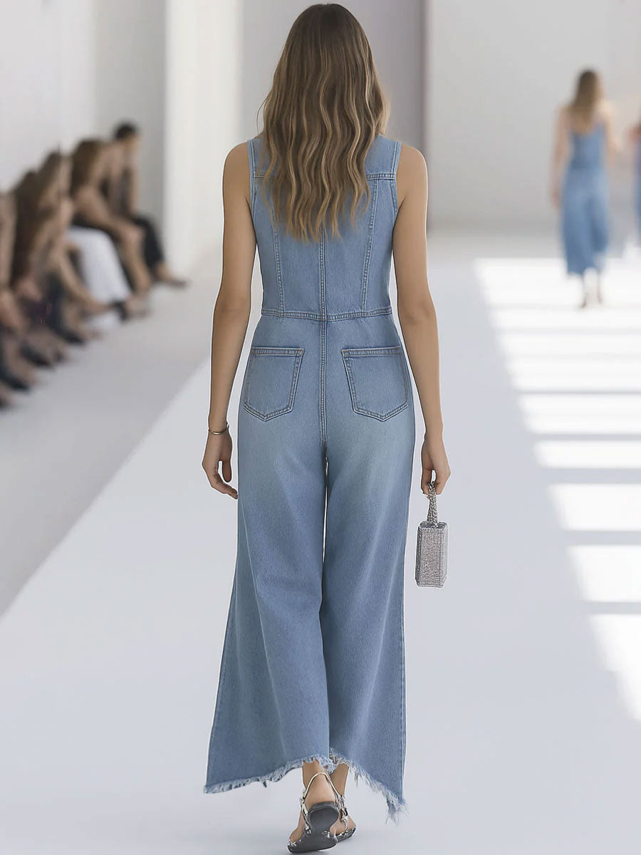 Annett | Ärmelloser Jumpsuit mit Knopfleiste, Kragen und Weitem Bein