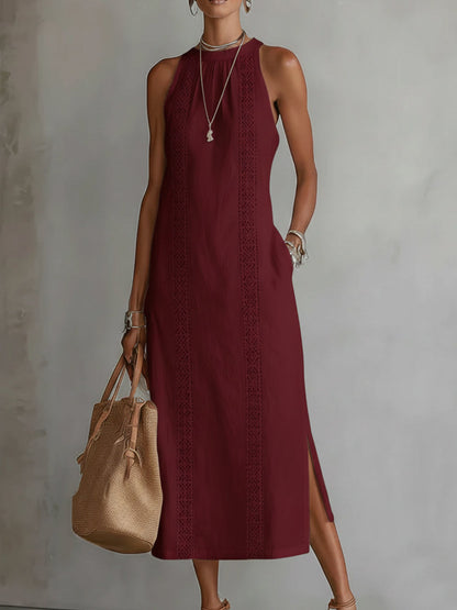 Helena | Ärmelloses Leinen-Midikleid mit Rundhalsausschnitt und Taschen