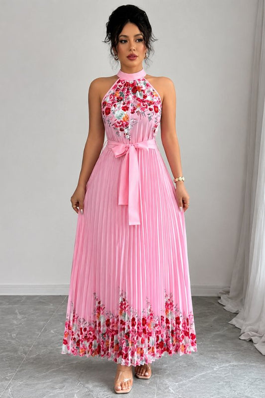 Lilly | Plissee-Midikleid mit Neckholder und Blumendetails