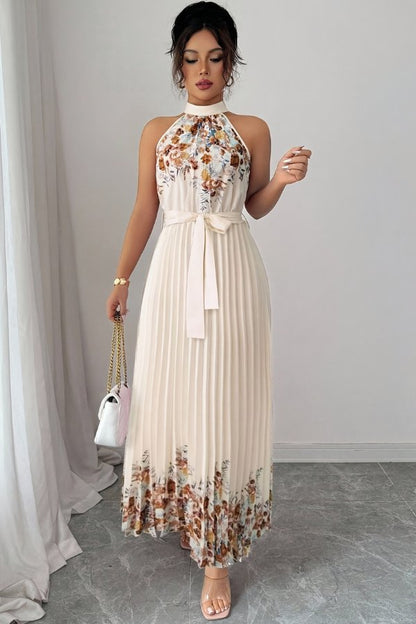 Lilly | Plissee-Midikleid mit Neckholder und Blumendetails