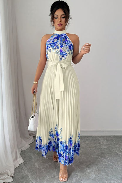 Lilly | Plissee-Midikleid mit Neckholder und Blumendetails