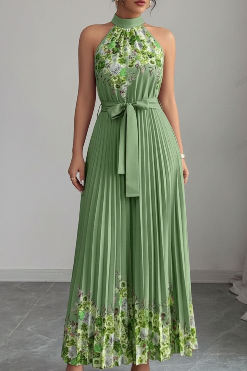 Lilly | Plissee-Midikleid mit Neckholder und Blumendetails