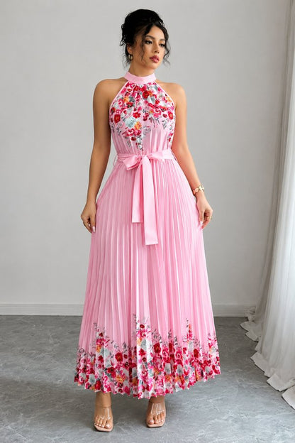 Lilly | Plissee-Midikleid mit Neckholder und Blumendetails