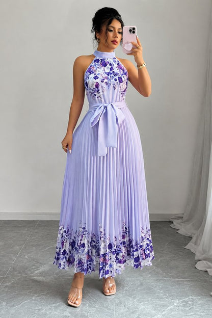 Lilly | Plissee-Midikleid mit Neckholder und Blumendetails