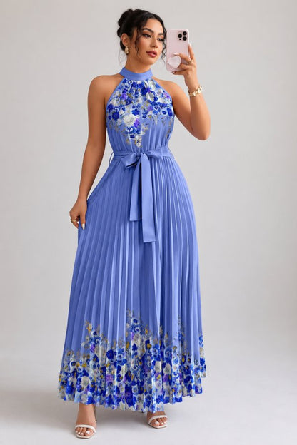 Lilly | Plissee-Midikleid mit Neckholder und Blumendetails