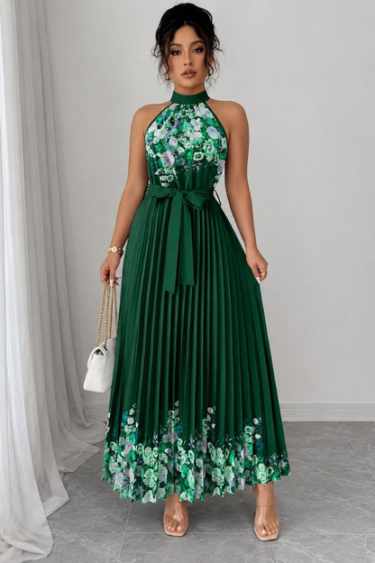 Lilly | Plissee-Midikleid mit Neckholder und Blumendetails