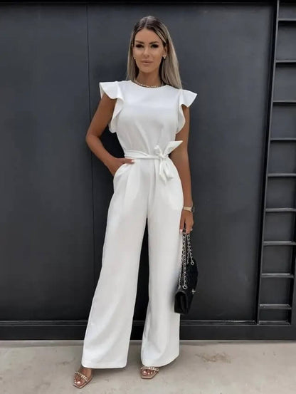 Yvonne | Jumpsuit mit Flatterärmeln, Weitem Bein und Bindegürtel