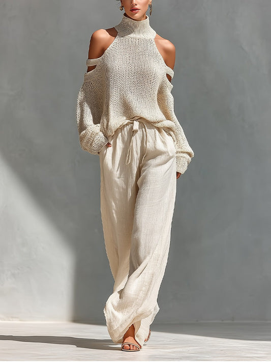 Elena | Cold-Shoulder-Strickset mit Stehkragen und Weithose