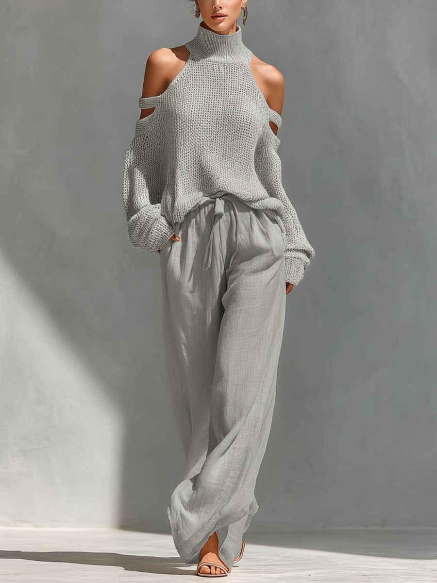Elena | Cold-Shoulder-Strickset mit Stehkragen und Weithose