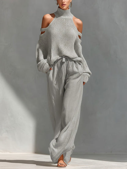 Elena | Cold-Shoulder-Strickset mit Stehkragen und Weithose