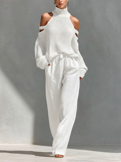 Elena | Cold-Shoulder-Strickset mit Stehkragen und Weithose