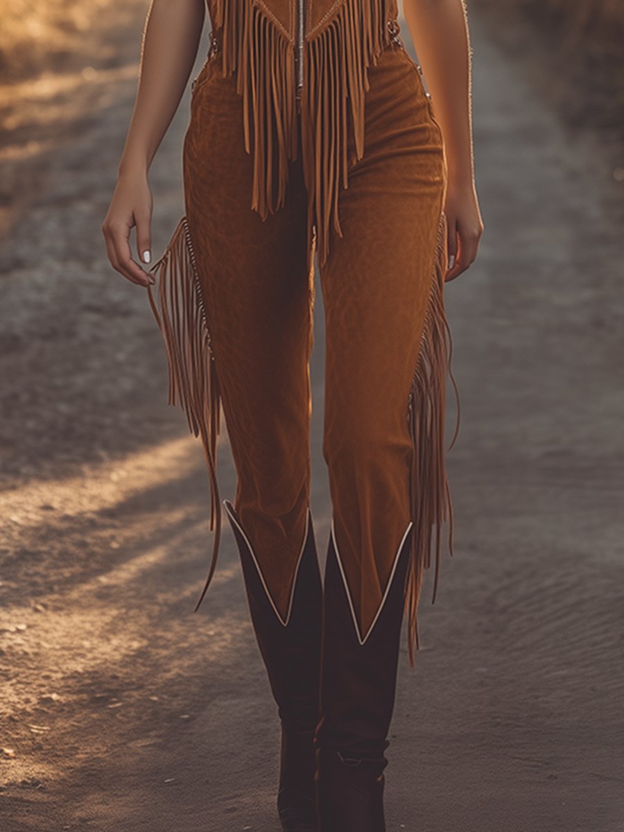 Emma | Ärmelloser Western-Jumpsuit mit Fransen und Front-Reißverschluss