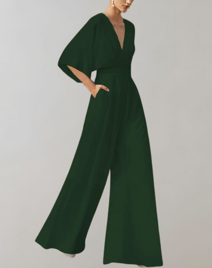 Sophia | Jumpsuit mit V-Ausschnitt, Kurzarm und weitem Bein