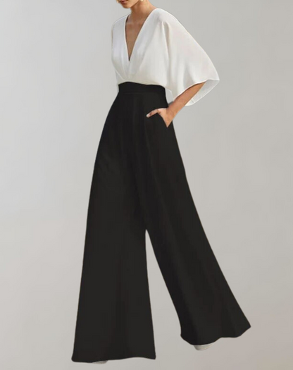 Sophia | Jumpsuit mit V-Ausschnitt, Kurzarm und weitem Bein