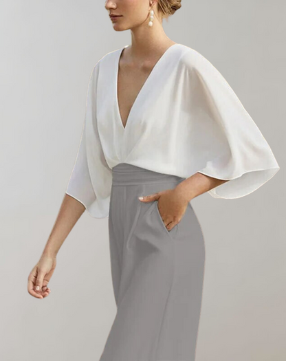 Sophia | Jumpsuit mit V-Ausschnitt, Kurzarm und weitem Bein