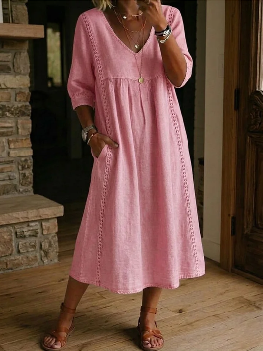 Wanda | Midikleid mit V-Ausschnitt, Dreiviertelärmeln und Seitentaschen
