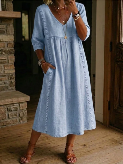Wanda | Midikleid mit V-Ausschnitt, Dreiviertelärmeln und Seitentaschen