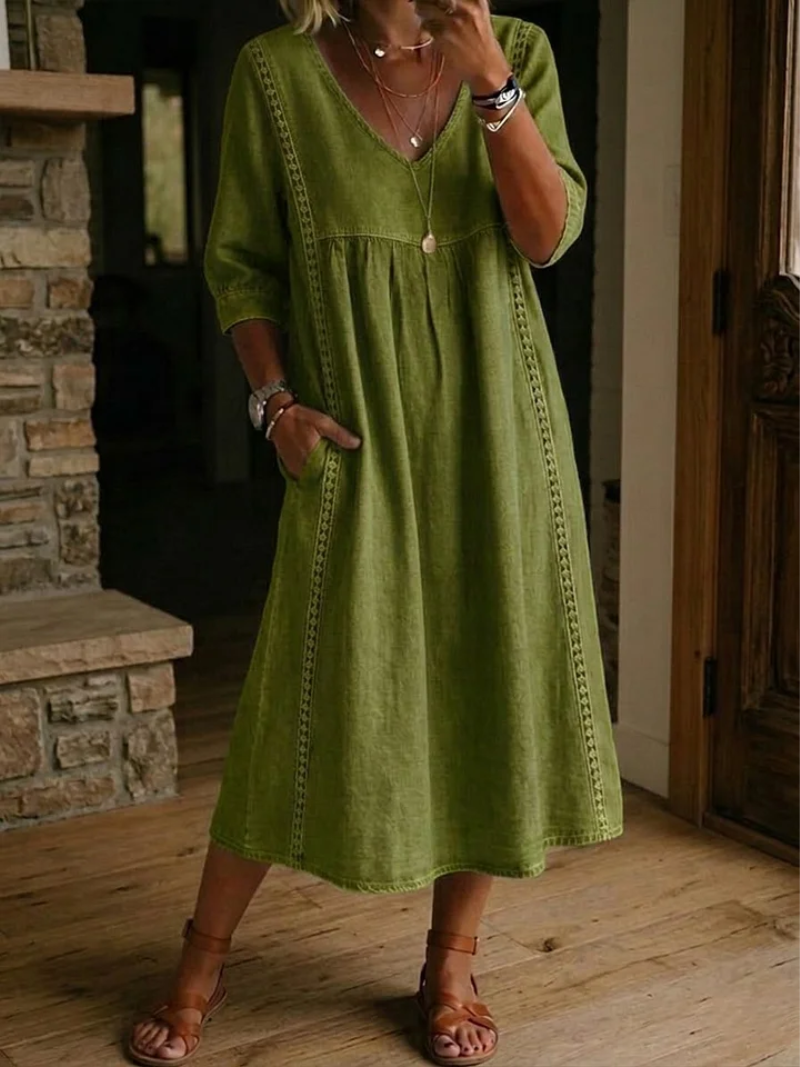 Wanda | Midikleid mit V-Ausschnitt, Dreiviertelärmeln und Seitentaschen